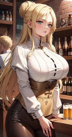 [Beautiful girl in medieval outfit, cheap ripped linen off white shirt and dark brown pants, oil painting, Detailed facial features, blonde long hair, hair in a bun, tavern enviroment, beers in background, bright colours, dramatic lighting, expressive eyes and lips, High Resolution, 4K quality, Photorealistic],mature female, green eyes, girl, eyes green