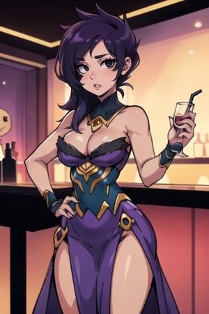 kipteitei,morgana, standing up, drink in one hand, hand on hip, cleavage_cutout, long_dress, purple dress

tall body, mature body, long legs, black eyes

 nightclub  enviroment, at the nightclub bar, closed enviroment, crowded, looking at viewer ,shocked

-