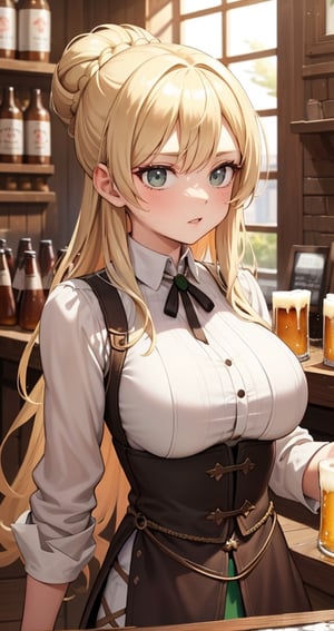 [Beautiful girl in medieval outfit, cheap ripped linen off white shirt and dark brown pants, oil painting, Detailed facial features, blonde long hair, hair in a bun, tavern enviroment, beers in background, bright colours, dramatic lighting, expressive eyes and lips, High Resolution, 4K quality, Photorealistic],mature female, green eyes, girl, eyes green