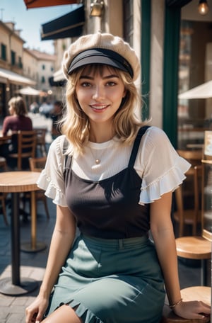 award winning analog photo of a Italian woman aiming to capture pure joy and innocence in warm midday light with playful shadows, sitting outside coffee shop, soft lighting, (23 yo), blonde_brunette blunt bangs short, newsboy hat, modelshoot, (toned:0.3), round neckline blouse, long skirt with frills, cinematic, 