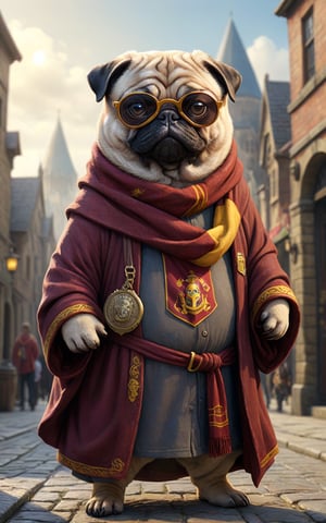 (cartoon fat pug wearing sunglasses), (wizard robe), (Gryffindor scarf), extremely detailed, cute innocent face, cityscape, Pixar style,
(hyper-realistic picture)
(10th century style clothing) ((whole body)), (viewed from a distance).