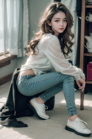 (((masterpiece))), top quality, (beautiful and delicate girl), beautiful and delicate light, (beautiful and delicate eyes), mysterious smile, (brown eyes), (dark black long hair), medium breasts, female 1 , frontal shot , Korean, soft expression, tall, jacket, patterned t-shirt, jeans, sneakers,