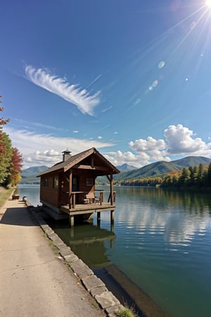 Autumn, Russian lakeside hut, a few small wooden boats, lakeside forest, mountains in the distance, super blue sky (the edge of the clouds is very clear when the sun shines on it), a few maple leaves floating on the lake, the sky Swans flying in formation, strong rim light, sharp shadows, photo, rich details, complex details, ultra-clear, ultra-realistic, ultra-wide angle lens, photorealism, long lens, film grain,