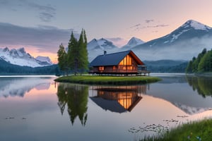 Nature,  landscape during what appears to be either dawn or dusk. A quaint wooden cabin with a slanted roof sits amidst a lush green field, sprinkled with vibrant wildflowers of various colors. In the background, a calm lake mirrors the sky, surrounded by dense forests that lead up to majestic snow-capped mountains. The sky is painted with soft hues of pink and blue, casting a gentle light that illuminates the entire scene, evoking a sense of tranquility and awe