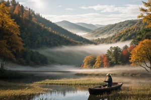 Autumn, morning fog, an old man is fishing in a small wooden boat in the lake, reeds are fluttering in the wind, maple forest, a few leaves floating on the water, rolling mountains in the background, sunlight shining through the gaps in the leaves, blue sky and white clouds , super beautiful scenery, real photos, rich details, film style