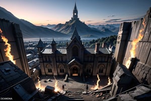 wrench_elven_arch, A sky ablaze over an elven city in ruins with gothic architecture, surrounded by ominous demonic veins mountains,DonMD3m0nV31ns,EpicArt