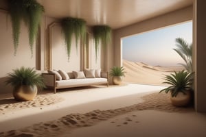commercial photorealistic,living room in the style of Hanging Gardens of Babylon,floor is covered with sand like desert,at night,white background,dramatic studio lighting