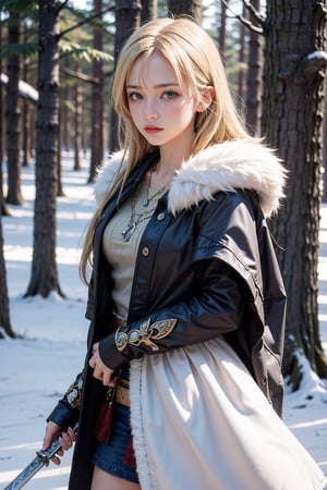 1 girl standing in winter forest, shield maiden, sword, blond hair, sad eyes, necklaces, fur cloak