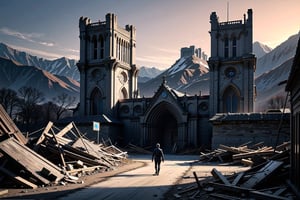 wrench_elven_arch, A sky ablaze over an elven city in ruins with gothic architecture, surrounded by ominous demonic veins mountains,DonMD3m0nV31ns,EpicArt