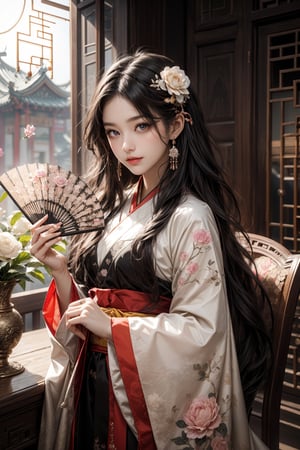 1girl, solo, long hair, smile, black hair, hair ornament, long sleeves, dress, holding, jewelry, flower, earrings, indoors, hair flower, chinese clothes, hand fan, holding fan, hanfu
(masterpiece), (top quality), (best quality), (official art), (beautiful and aesthetic:1.2), (stylish pose), (fractal art:1.3), (pastel theme: 1.2), ppcp, perfect