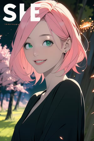vibrant colors, female, masterpiece, sharp focus, best quality, depth of field, cinematic lighting, ((solo, one woman )), (illustration, 8k CG, (extremely detailed), masterpiece, ultra-detailed, a girl with short pink hair and 
green eyes, wear black dress , smile , amidst a background composed of fantastic elements sakura trees, ,light,firefliesfireflies,detail,green theme,1 girl,sun in sky,atmosphere,effects,color,magazine cover, black background 