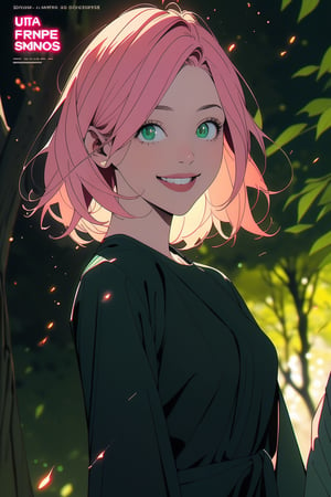 vibrant colors, female, masterpiece, sharp focus, best quality, depth of field, cinematic lighting, ((solo, one woman )), (illustration, 8k CG, (extremely detailed), masterpiece, ultra-detailed, a girl with short pink hair and 
green eyes, wear black dress , smile , amidst a background composed of fantastic elements sakura trees, ,light,firefliesfireflies,detail,green theme,1 girl,sun in sky,atmosphere,effects,color,magazine cover, black background 