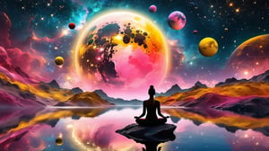 1girl meditating, from behind, in flames yellow moon, close up angle ((on the )) , (( red pink small planets and nebulas and a lake) , detailed focus, deep bokeh, beautiful, dreamy colors, black dark cosmic background, cosmic dreamscape, magic mist, HDR image.. Visually delightful ,3D,more detail XL , ,more detail XL