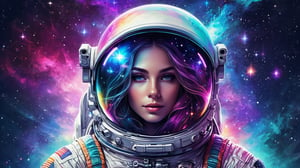 StunningDigital drawing of a beautiful, cute, attractive magical fantasy astronaut, Big colorful long hair on the helmet, with visible whole body, Tight astronaut suit, Stardust, Background galaxy, Ultra high quality clarity,