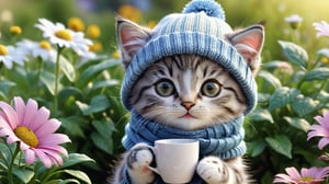 Kitten with a cup, wearing a knitted hat and scarf, hyper realistic soft toy on a flower garden background, very cute, happy and beautiful, cute detailed illustration expressing joy, fully dressed, tiny, cute scene, stunning, tiny detail, fluffy, beautiful art, 3d render, cinematic