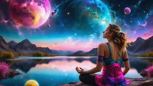 1girl, solo, meditating, from behind, in flames yellow moon, close up angle ((on the )) , (( pink magenta small planets and nebulas and a lake) , detailed focus, deep bokeh, beautiful, dreamy colors, black dark cosmic background, cosmic dreamscape, magic mist, HDR image.. Visually delightful ,3D,more detail XL , ,more detail XL