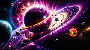 ultra realistic 8k cg, flawless, clean, masterpiece, professional artwork, famous artwork, cinematic lighting, cinematic bloom,  abstract and colorful style, magenta and purple, background focus,,  vast galaxy, cosmic energy, alien small planets, alien ship in collision with small planets, colorful splashes,(((monolithic))), deep space, floating, ((no characters)),  artwork in 8 style drawn inside graphic illustration studio quality hdr in unreal engine and octane realistic 8, dramatic deep style, glitter,shiny,glitter,Extremely Realistic