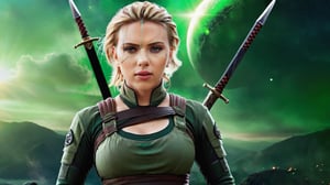 Scarlett Johansson as ”the Widdow” in meditating position, in the middle of the battle, epic fight scene, swords, ninjas, full body shot, two big green planets in the background, magical background. Wallpaper. Perfect face, perfect eyes, HD details, high details, sharp focus, studio photo, HD makeup, shimmery makeup, ((centered image)) (HD render) Studio portrait, magic, magical, fantasy. ,ScarlettJohansson
