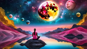 1girl meditating, from behind, yellow moon, close up angle ((on the )) , (( red pink small planets and nebulas and a lake) , detailed focus, deep bokeh, beautiful, dreamy colors, black dark cosmic background, cosmic dreamscape, magic mist, HDR image.. Visually delightful ,3D,more detail XL , ,more detail XL