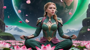 1girl, solo, Scarlett Johansson as ”the Widdow”, amazing outfit, epic fight scene, outside, full body shot,  Scarlett Johansson as ”the Widdow” praying in lotus position, two big green planets in the background. Full body. Magical background. Wallpaper. Pink flower petals blow in the wind. It's snowing, Perfect face, perfect eyes, HD details, high details, sharp focus, studio photo, HD makeup, shimmery makeup, ((centered image)) (HD render) Studio portrait, magic, magical, fantasy. 