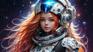 StunningDigital drawing of a beautiful, cute, attractive magical fantasy astronaut, Big colorful long hair on the helmet, with visible whole body, Tight astronaut suit, Stardust, Background galaxy, Ultra high quality clarity,glitter,cyborg style,3D,hubg_mecha_girl