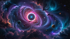beautiful cosmic dreamscape,  colorfull nebula,  big vortex sucking planets,  black hole,  planets on fire,  astral projection,  constelations,  bioluminescent chakra,  Witness the grandeur of a magic mystical space,  nebula,  galaxy formation,  colorful many big planets and stars,  intricate details,  colorful clouds and planets,  hyperrealistic photography,  8k,  purple and pink neon lights,  nighttime,  ultra dark theme,  detailmaster2,  DonMChr0m4t3rr4XL , DonMChr0m4t3rr4XL , martius_nebula, galaxy00, DonMC0sm1cW3bXL,martius_nebula,galaxy00
