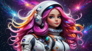 StunningDigital drawing of a beautiful, cute, attractive magical fantasy astronaut, Big colorful long hair on the helmet, with visible whole body, Tight astronaut suit, Stardust, Background galaxy, Ultra high quality clarity,glitter,cyborg style,3D