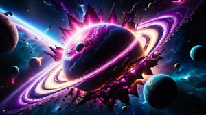 ultra realistic 8k cg, flawless, clean, masterpiece, professional artwork, famous artwork, cinematic lighting, cinematic bloom,  abstract and colorful style, magenta and purple, background focus,,  vast galaxy, cosmic energy, alien planet, alien ship in collision with planets, colorful splashes,(((monolithic))), deep space, floating, ((no characters)),  artwork in 8 style drawn inside graphic illustration studio quality hdr in unreal engine and octane realistic 8, dramatic deep style, glitter,shiny,glitter,Extremely Realistic