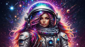 StunningDigital drawing of a beautiful, cute, attractive magical fantasy astronaut, Big colorful long hair on the helmet, with visible whole body, Tight astronaut suit, Stardust, Background galaxy, Ultra high quality clarity,glitter,cyborg style