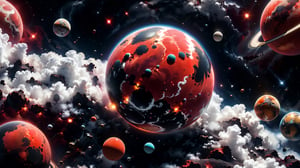 close up angle of (( on the cloud), (Red, black, white colour small planets ),()detailed focus, deep bokeh, beautiful, , dark cosmic background. Visually delightful , 3D,ULTIMATE LOGO MAKER [XL],more detail XL