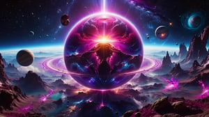 ultra realistic 8k cg, flawless, clean, masterpiece, professional artwork, famous artwork, cinematic lighting, cinematic bloom,  abstract and colorful style, magenta and purple, background focus,,  vast galaxy, cosmic energy, alien planets, alien ship in collision with planets, colorful splashes,(((monolithic))), deep space, floating, ((no characters)),  artwork in 8 style drawn inside graphic illustration studio quality hdr in unreal engine and octane realistic 8, dramatic deep style, glitter,shiny,glitter,Extremely Realistic