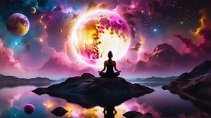 1girl, solo, meditating, from behind, in flames yellow moon, close up angle ((on the )) , (( pink magenta small planets and nebulas and a lake) , detailed focus, deep bokeh, beautiful, dreamy colors, black dark cosmic background, cosmic dreamscape, magic mist, HDR image.. Visually delightful ,3D,more detail XL , ,more detail XL