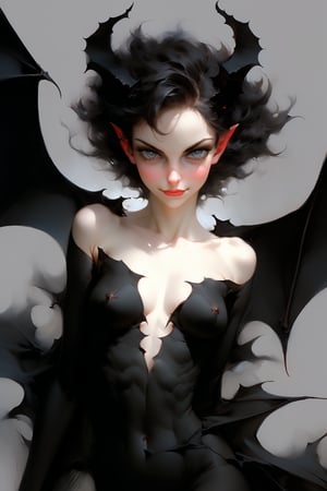 style of Wlop, oil painting, realistic drawing,adorable succubus, photo realistic sketch, ripped, skinny, large breasts, dynamic angle, delicate features, delicate spirit,  beautifully shot, sensual vibe, small smooth horns, charming,  dynamic perspective, sassy smile, full length picture, kawaï style, extremely cute, pale skin, demon tail, cute little bat wings, cheerful spirit, abstract anvas background, young beauty spirit, ,succubus