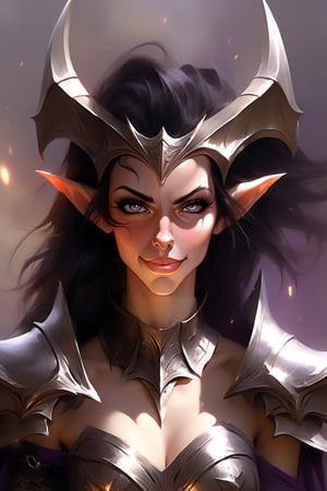 style of Wlop, oil painting, realistic drawing, beautiful dark elf , Morathi, photo realistic sketch, ripped, cleavage,  revealing bikini armor, dark hair, glowing purple eyes, smile, dynamic angle, delicate features, delicate spirit,  beautifully shot, sensual vibe, charming,  dynamic perspective, sassy smile, full length picture, kawaï style, extremely cute, pale skin, cheerful spirit, young beauty spirit
