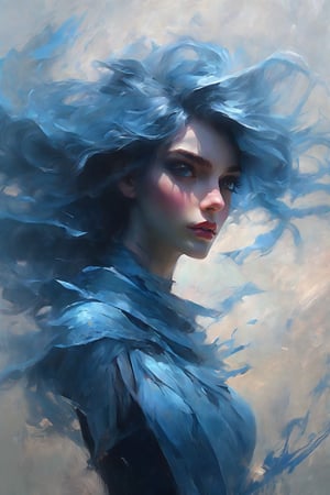 style of Wlop, loish, oil painting, realistic drawing, female, undine, photo realistic sketch, dynamic angle, dnd  character design, ethereal, dark theme, dynamic perspective, portrait,   heroic fantasy,  cheerful spirit,  skinny, blue skin,  abstract canvas background