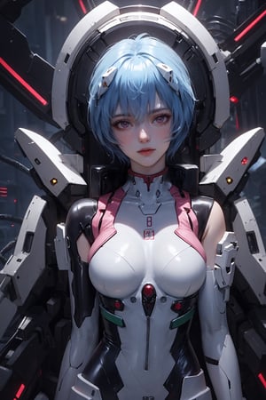 Rei Ayanami a spaceship pilot in a latex suit, laying down in a pod, in a cyberpunk setting, high details, realistic, photorealism, 8k,.(medium breasts:1.2).(upper body), (short hair, light blue hair) ,rei ayanami