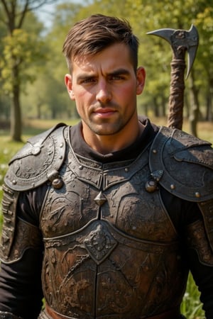 A Handsome male Viking warrior, sporting a strong jawline and piercing dark brown eyes, stands proudly in armor attire. He holds a mighty axe, its intricate carvings glistening in the warm sunlight casting a heroic glow on his chiseled features.