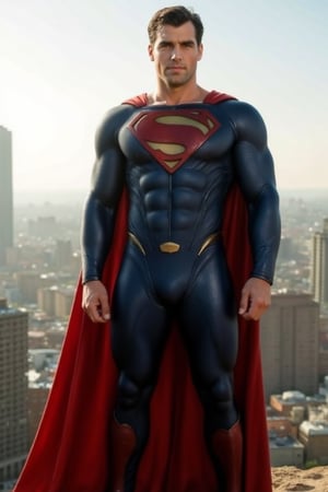 A majestic figure stands proudly, towering over the cityscape as Superman. A dashing, tall handsome male dons the iconic blue and red suit, complete with a bold 'S' emblem on his chest. The bright sunlight casts a heroic glow, illuminating his chiseled features and powerful physique. He stands confidently, legs spread wide, one hand resting on his hip while the other grasps the edge of his cape, ready to take flight and save the day.