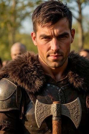 A Handsome male Viking warrior, sporting a strong jawline and piercing dark brown eyes, stands proudly in armor attire. He holds a mighty axe, its intricate carvings glistening in the warm sunlight casting a heroic glow on his chiseled features.