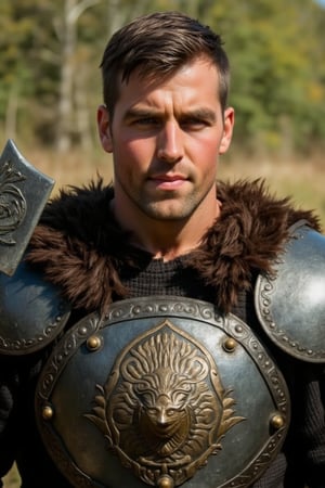 A Handsome male Viking warrior, sporting a strong jawline and piercing blue eyes, stands proudly in full armor attire. complemented by the gleaming brass brooch adorning his chest plate. He holds a mighty axe, its intricate carvings glistening in the warm sunlight casting a heroic glow on his chiseled features.