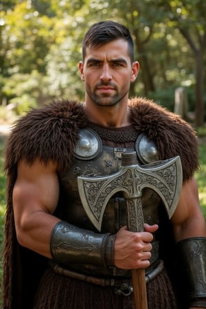 A Handsome male Viking warrior, sporting a strong jawline and piercing blue eyes, stands proudly in armor attire. He holds a mighty axe, its intricate carvings glistening in the warm sunlight casting a heroic glow on his chiseled features.