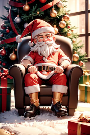masterpiece,{{{best quality}}}, Santa Claus seating near Christmas tree (Christmas theme),