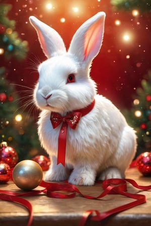 a cute white bunny, red ribbon, christmas deco, hyper-detailed painting, Jean-Baptiste Monge style, splash, glittering, cute and adorable, filigree, lights, fluffy, magic, surreal, fantasy, digital art, ultra hd, hyper-realistic illustration, vivid colors,  UHD, cinematic perfect light,greg rutkowski,Extremely Realistic