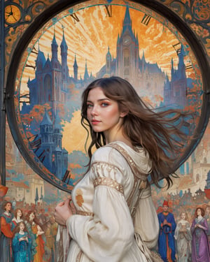 design by Harry Clarke, Eugene Grasset and Alphonse Mucha, Clockpunk, extreme wide shot of a beautiful brunette girl (Girl:1.3) surrounded by a couple of people, long hair, Smiling, World of Concept Art, Panorama, extremely hyper-aesthetic, Cel Shading, Guilty, backlit, depth of field 270 mm, four colors, detailed skin, absurd, darkroom, argazxl, traditional dress.,