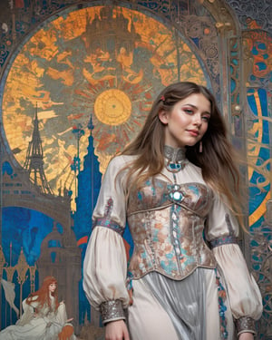 design by Harry Clarke, Eugene Grasset and Alphonse Mucha, Clockpunk, extreme wide shot of a beautiful brunette girl (Girl:1.3) surrounded by a couple of people, long hair, Smiling, World of Concept Art, Panorama, extremely hyper-aesthetic,, Guilty, backlit, depth of field 270 mm, four colors, detailed skin, absurd, darkroom, argazxl. {{{completely naked}}}