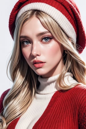 beautiful pinup woman, long blond hair and big hazel eyes, white wool sweater with red patterns, red berret on the head, animated but very realistic, realistic illustration, white background, 