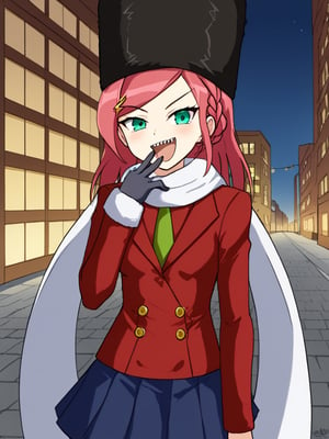 1girl, solo, olgamugen, pink hair, hairclip, braid, medium hair, black hat, fur hat, ushanka, green eyes, ushanka, white scarf, red blazer, long sleeves, green necktie, arm warmers, black gloves, blue skirt, single red thighhigh, outdoors, city, winter, cowboy shot, sharp teeth, smile, ojou-sama pose, cowboy shot