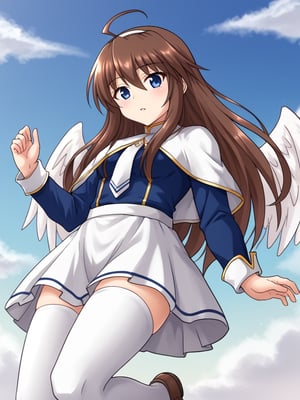 1girl, solo, ceciliamiteids, brown hair, long hair, blue eyes, white hairband, ahoge, blue shirt, long sleeves, white capelet, white necktie, white skirt, white thighhighs, angel wings, sky, clouds, flying, falling, from below, outstreched wings, looking at viewer, outstreched arms, parted lips,