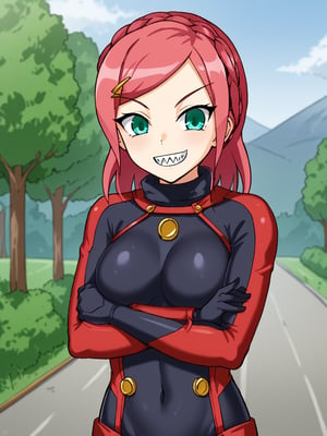 1girl, solo, olgamugen, pink hair, hairclip, braid, medium hair, green eyes, bodysuit, biker outfit, bike, outdoors, winter, standing, smile, sharp teeth arms crossed