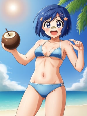 1girl, solo, ohosinagisa, blue hair, short hair, hairclip, blue eyes, bandaid on nose, blue bikini, outdoors, beach, holding, coconut, open mouth, smile, standing